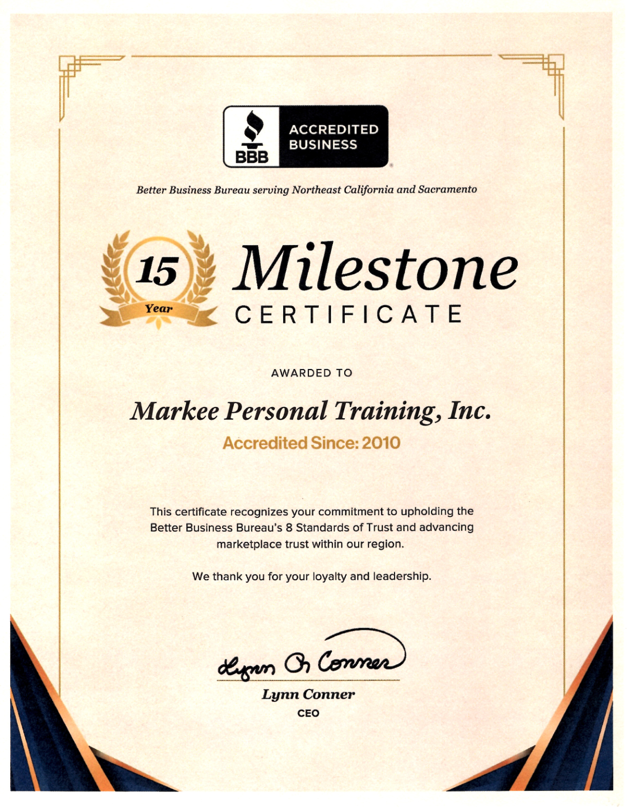 Better Business Bureau 15 Year Milestone Certificate for Markee Personal Training